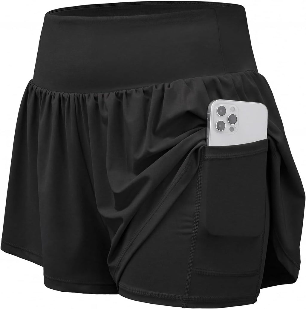 Stelle Women's 2-in-1 Running Shorts - High Waisted Athletic Gym Shorts with Liner Pockets