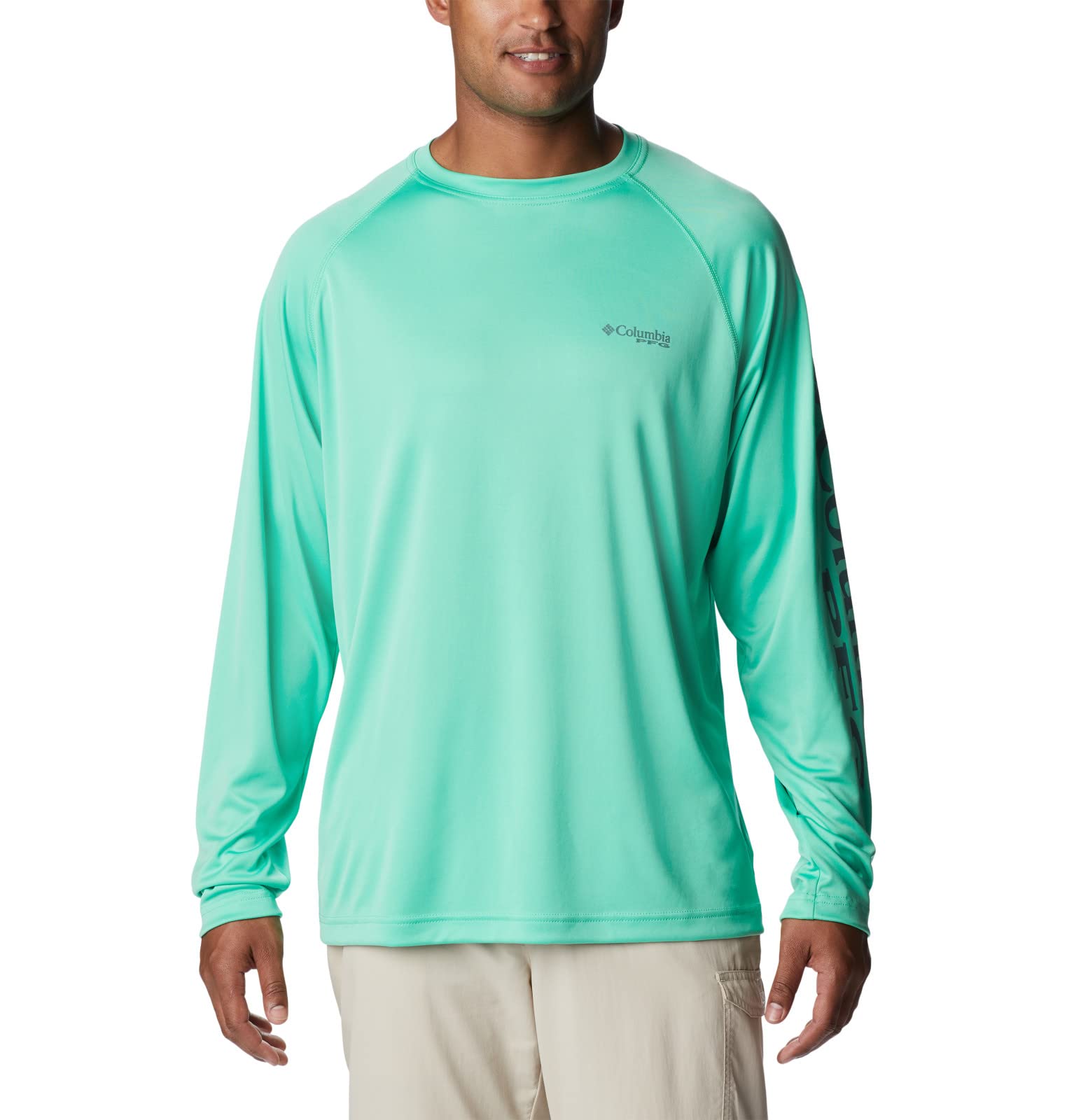 Columbia Men's Terminal Tackle Long Sleeve Fishing Shirt, Light Jade/Metal Logo, Large