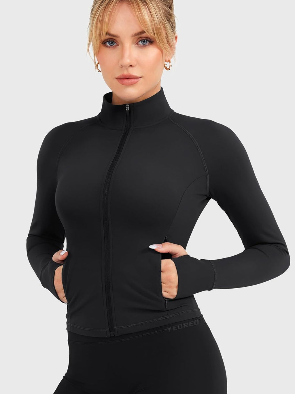 YEOREO Women's Full Zip Workout Jacket - Athletic Cropped Design with Pockets & Thumb Holes
