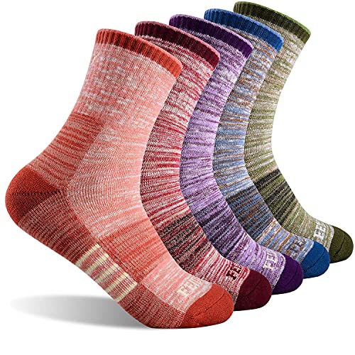 FEIDEER Women's Hiking Crew Socks Multi-Pack - Wicking Cushioned Outdoor Socks - Large / Red Blue Green Pink Purple