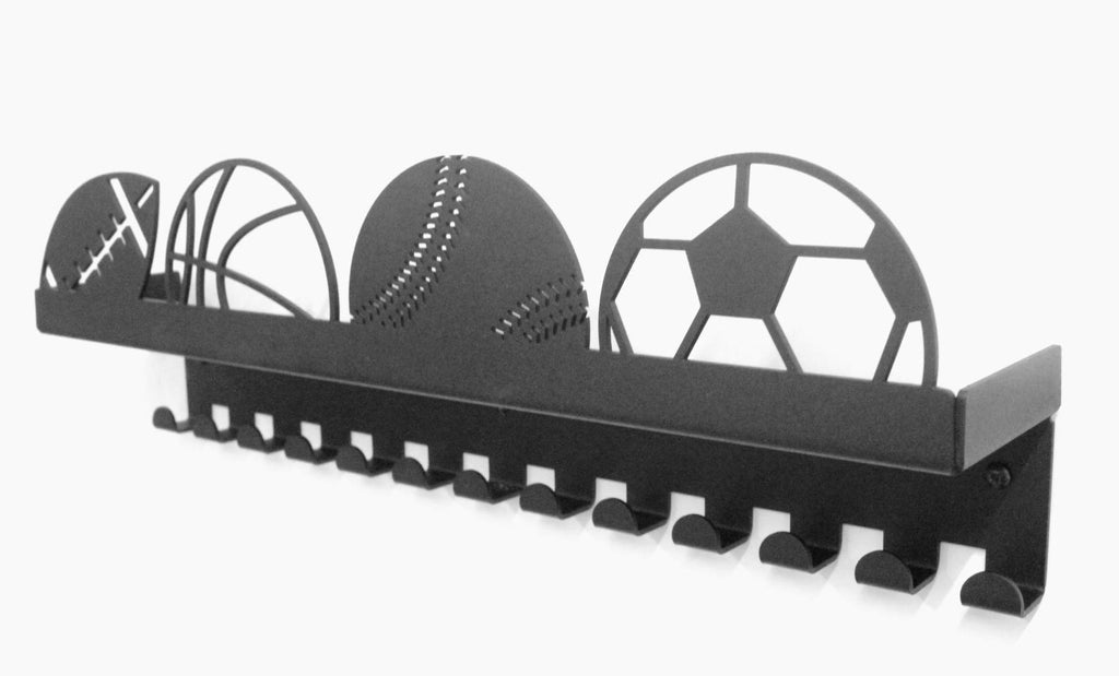 URBN BY MODERN HOME FINISHINGS Metal Wall Mount Sports Balls Design Kids & Adults Sports Medal Hanger Display, Ribbon Holder Rack with 3" Trophy Shelf Rack and Easy Hang Hooks, Black