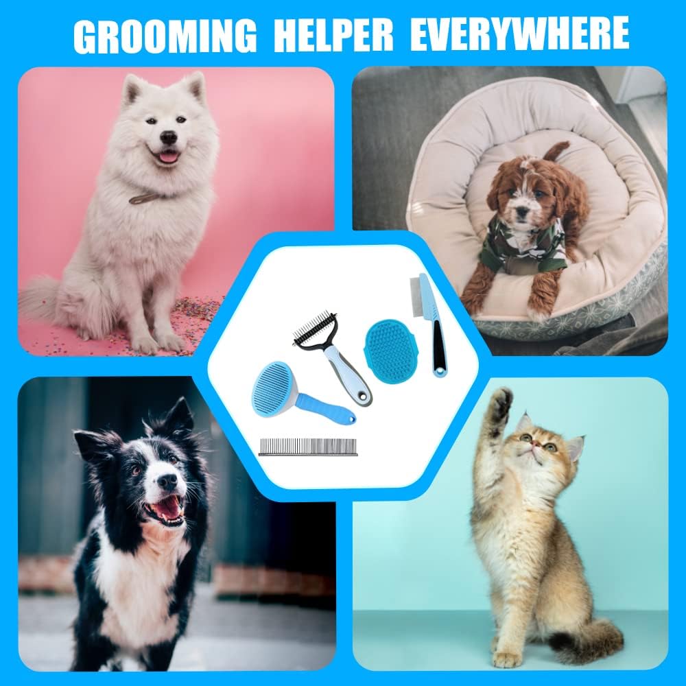 Skiennix Dog Grooming Brush Kit - 5-Piece Set for Shedding, Flea Comb & Slicker Brush | Blue