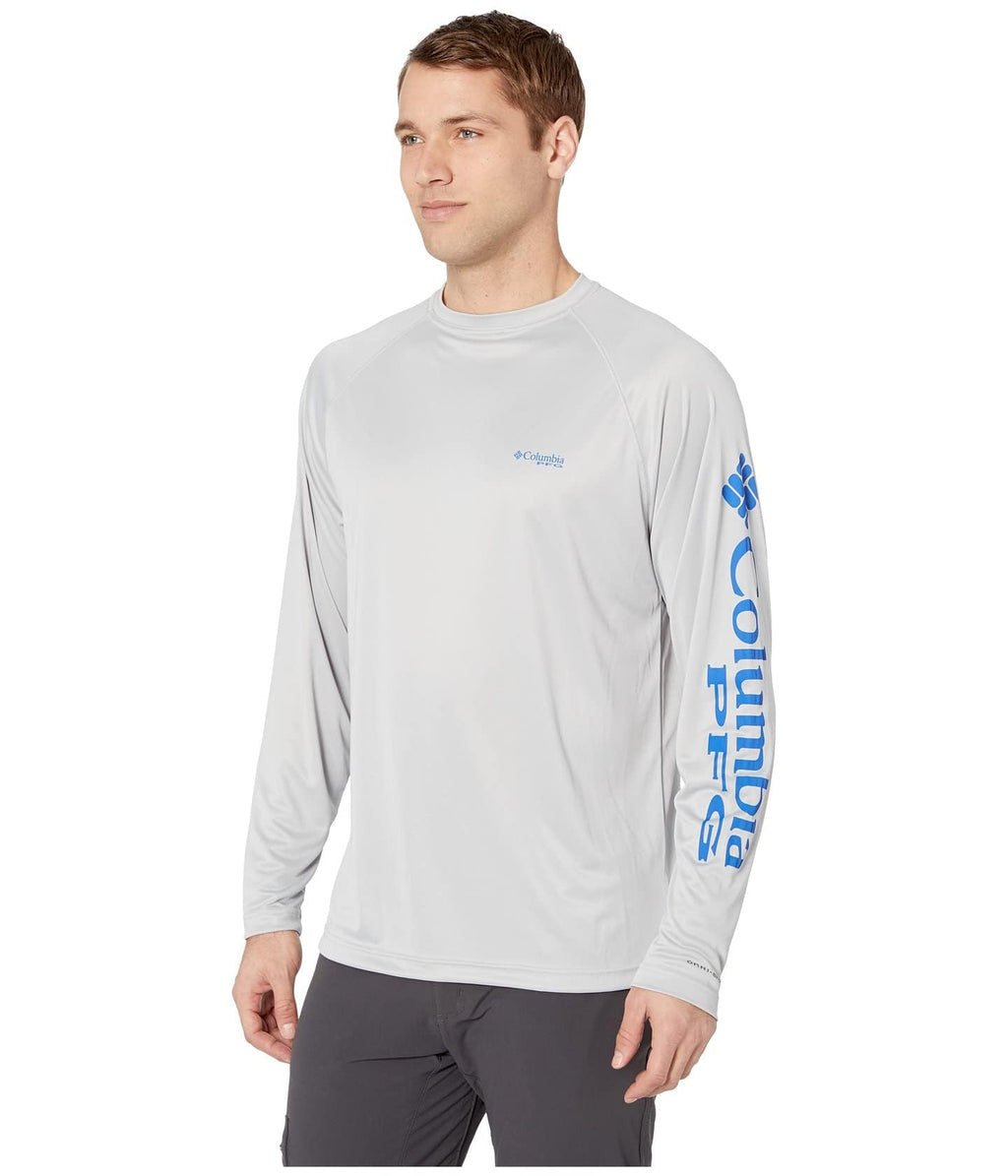 Columbia Men's PFG Terminal Tackle Long Sleeve Fishing Shirt, Cool Grey/Vivid Blue Logo, X-Large Tall