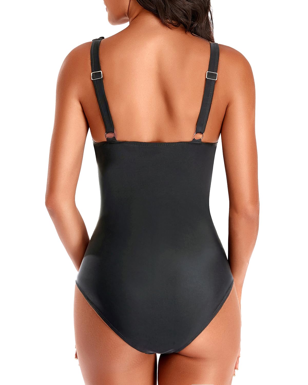 Holipick Women Black V Neck One Piece Swimsuits Tummy Control Bathing Suit Ruffle Swimwear Slimming Monokini for Teen Girls Large