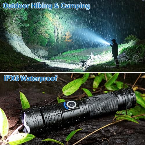 High Lumens Rechargeable LED Flashlight with 5 Modes, IPX6 Waterproof, 15H Runtime