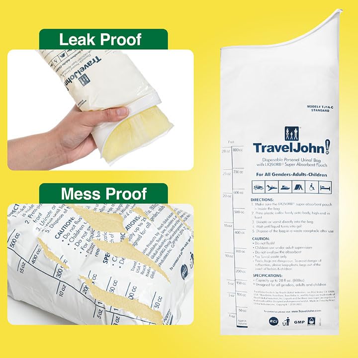 TravelJohn Disposable Urinal Bags 18 Pack Leakproof Unisex Emergency Toilets