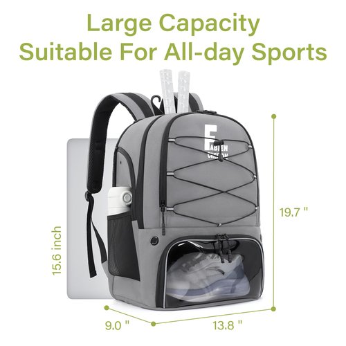 FABIEN CHERON Tennis Bag,Pickleball Bag with Shoe Compartment and Cooler,Fence Hook Design Basketball Backpack for Tennis/Pickleball/Basketball Sport(Grey)