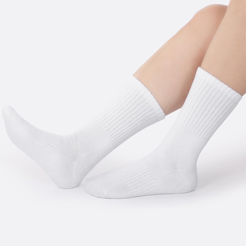 BOOPH Kids Crew Socks Thick Cotton Athletic 5-14 Years - White, 10-14 Years