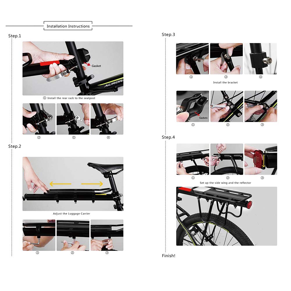 Rear Bike Rack, 110 lbs / 50KGS Bike Cargo Racks Frame Aluminum Alloy Universal Adjustable Cycling Equipment Stand Footstock Bicycle Luggage Carrier with Tools and Reflector for 26"-29" Frames