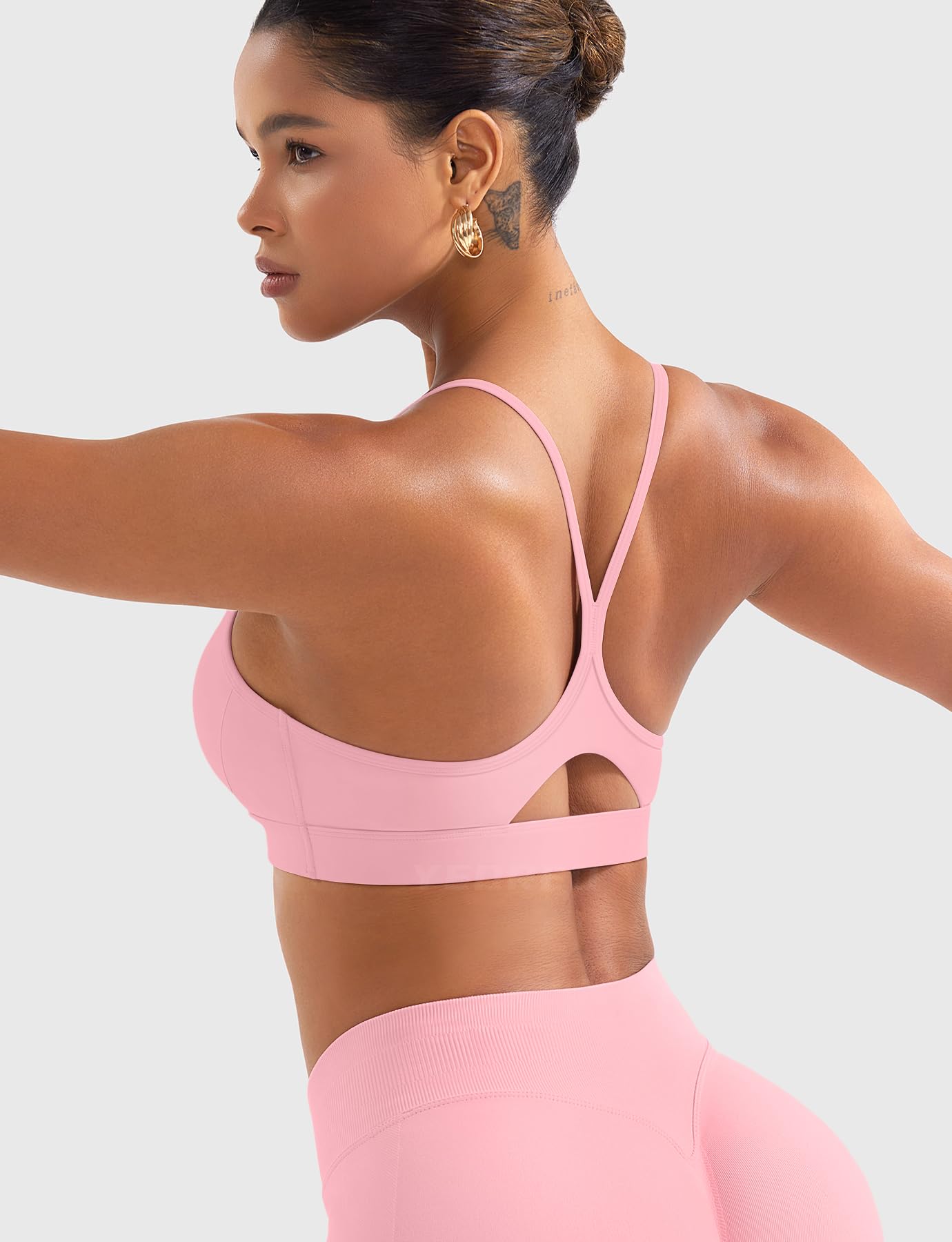 YEOREO Luciny Workout Y Back Sports Bras for Women Spaghetti Straps Racerback Padded V Neck Medium Impact Gym Bra Yoga Top Pink-S