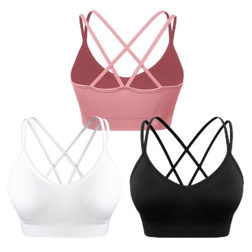 WANAYOU Womens Sports Bras, Crossback Strappy Medium Impact Sport Bra with Padding Wirefree Seamless Spaghetti Strap Workout Bra for Athletic Exercise Fitness 3 Pack Black White Pink Medium