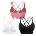 WANAYOU Womens Sports Bras, Crossback Strappy Medium Impact Sport Bra with Padding Wirefree Seamless Spaghetti Strap Workout Bra for Athletic Exercise Fitness 3 Pack Black White Pink Medium