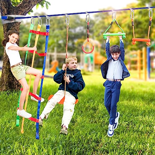 Kids Ninja Warrior Obstacle Course 52ft Slackline with 11 Accessories - Outdoor Climbing & Play Set