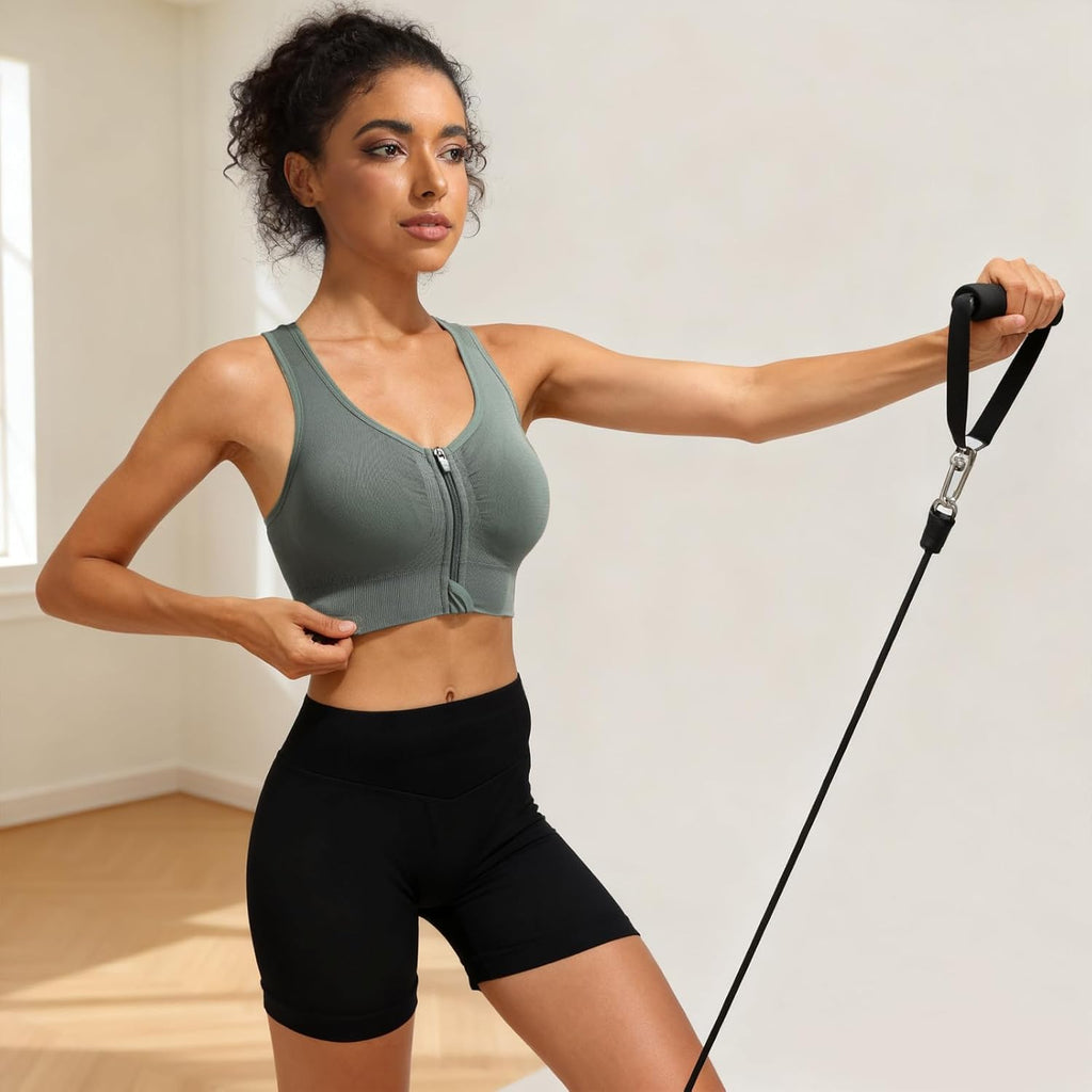 Skiennix Zip Front Sports Bra - Medium Support Racerback with Removable Pads & Double Hooks