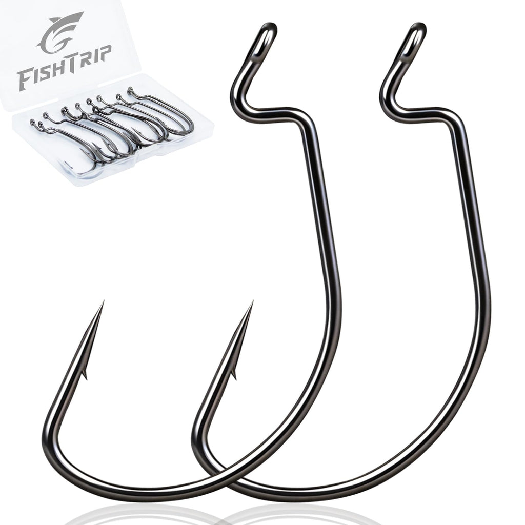 FishTrip 50pcs EWG Hooks for Bass Fishing Hooks, Extra Wide Gap Offset Worm Hook Texas Rig Fish Hooks for Bass Trout Freshwater Saltwater 3/0