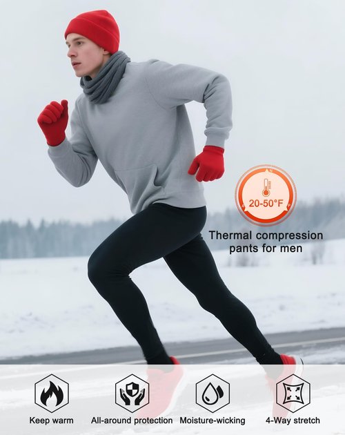 Roxdme Men Thermal Compression Pants Fleece Lined Tights Athletic Heated Leggings Cold Weather Baselayer Winter Gear Pockets Black
