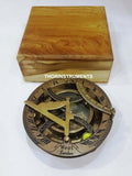THOR INSTRUMENTS Antique Brass 4" Sundial Compass, Sundial Clock in Wood Box Gift Sun Clock Ship Replica Watch