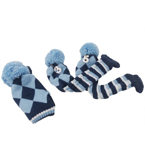 HIFROM 3pcs/Set Golf Club Argyle Knit Head Covers Headcovers Vintange Pom Pom Sock Covers 1-3-5 Compatible with Driver & Woods Blue & Dark Blue