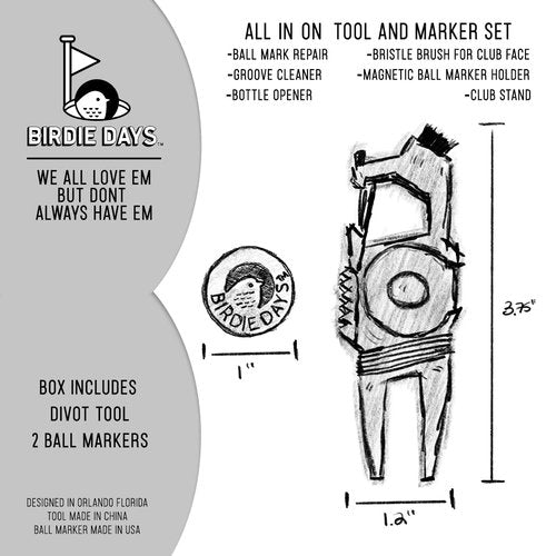 Birdie Days | Golf Ball Marker and Divot Tool Set | Antique Brass Finish | 2 Ball Markers and 1 Divot Tool | 6 Plastic Tees