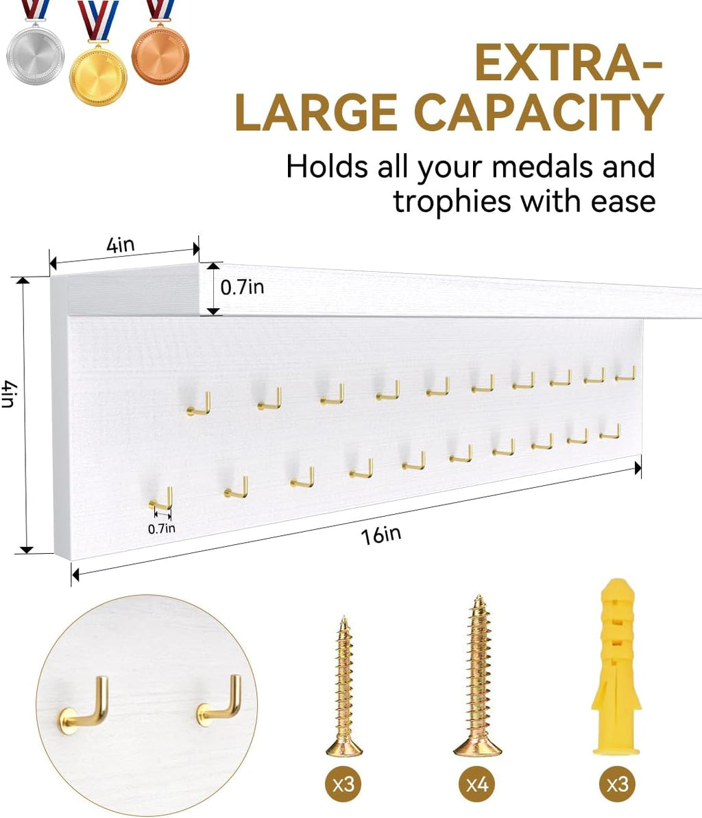 Wooden Medal Hanger Display - Sturdy 19 Hooks Trophy Shelf for Gymnastics, Soccer, Running Awards