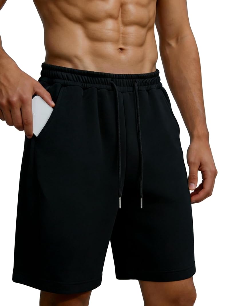 Men's Baggy Gym Shorts with Pockets - Y2K Wide-Leg Sweat Shorts, Black, Large