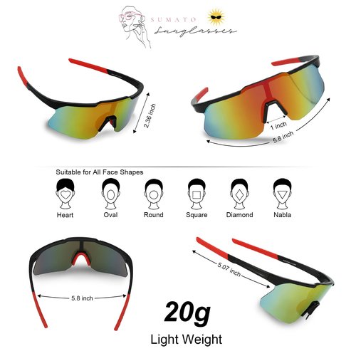 Sumato Cycling Sunglasses for Men Women Sports Sunglasses UV400 for Baseball, Running, Fishing, Driving, Bike, Lightweight Tr90 (Black Frame with Red lens)