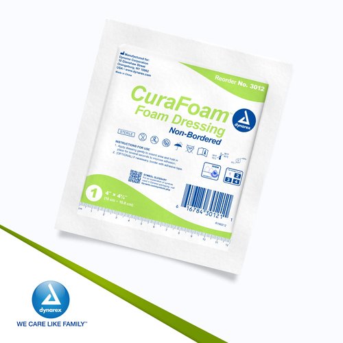 Dynarex CuraFoam Foam Dressings, Non-Bordered, Sterile, Provides Cushioned and Moist Wound Care, Used for Medium to Heavy Exuding Wounds, 4" x 4.25", 1 Box of 10 CuraFoam Dressings