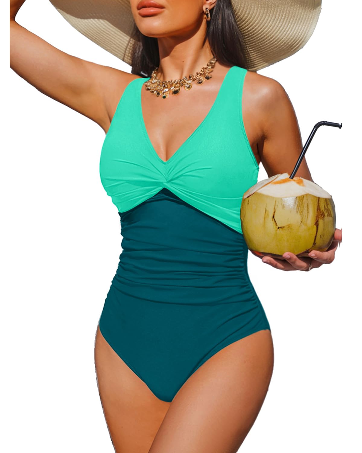 Holipick Green Color Block Women Tummy Control One Piece Swimsuit - Push Up Bathing Suit Full Coverage Slimming Swimwear XL