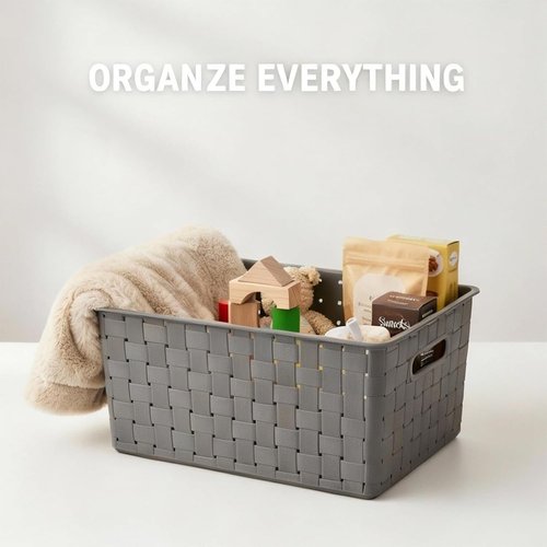 Bekith 9-Pack Woven Plastic Storage Baskets - Versatile Organizing Bins for Toys, Office & More | 10" L x 7" W x 4.4" H, Grey