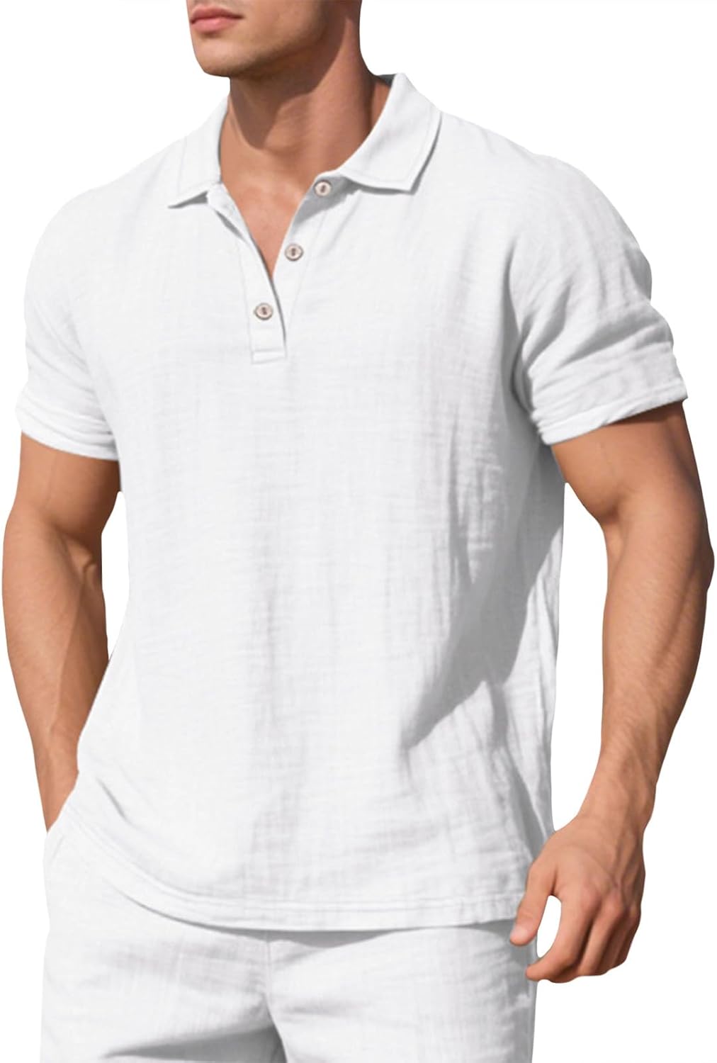 Skiennix Men's Linen Shirt - Casual V-Neck Short Sleeve Polo - Lightweight & Breathable Summer Top