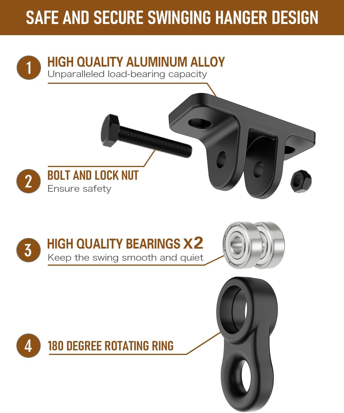 Skiennix Heavy Duty Porch Swing Hangers Kit - Includes Screws & Bolts for Indoor/Outdoor Use | 2 Pack Black