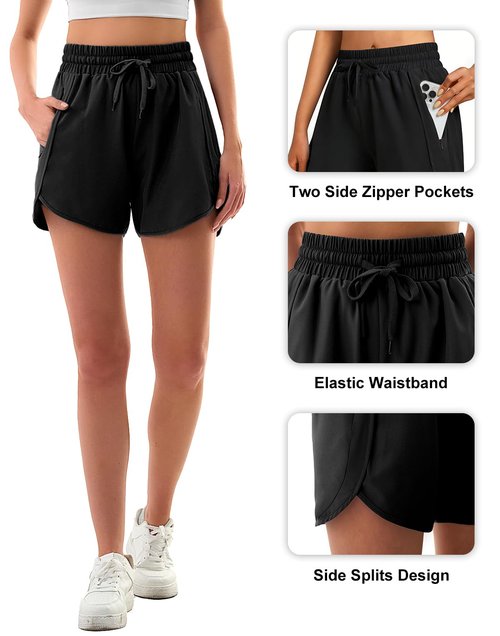 3rd hill Women's 5" Athletic Running Shorts Quick Dry Lightweight Workout Gym Shorts with Zipper Pockets UPF 50+ Black M