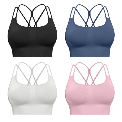 CHRLEISURE Sports Bras for Women, 4 Packs Padded High Support Workout Yoga Seamless Criss-Cross Racerback Bras(BlackNavyLGreyPink, M)