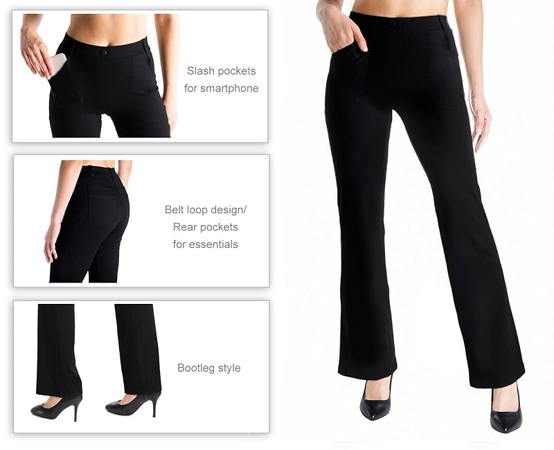 Yogipace Women’s Flare Yoga Dress Pants with 27"–37" Inseams, Black – 2 Front + 2 Rear Pockets, 31" Inseam (Regular)