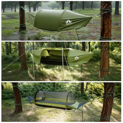 Night Cat Army Green Flat Lay Camping Hammock Tent with Mosquito Net & Rainfly, Supports 330LBS