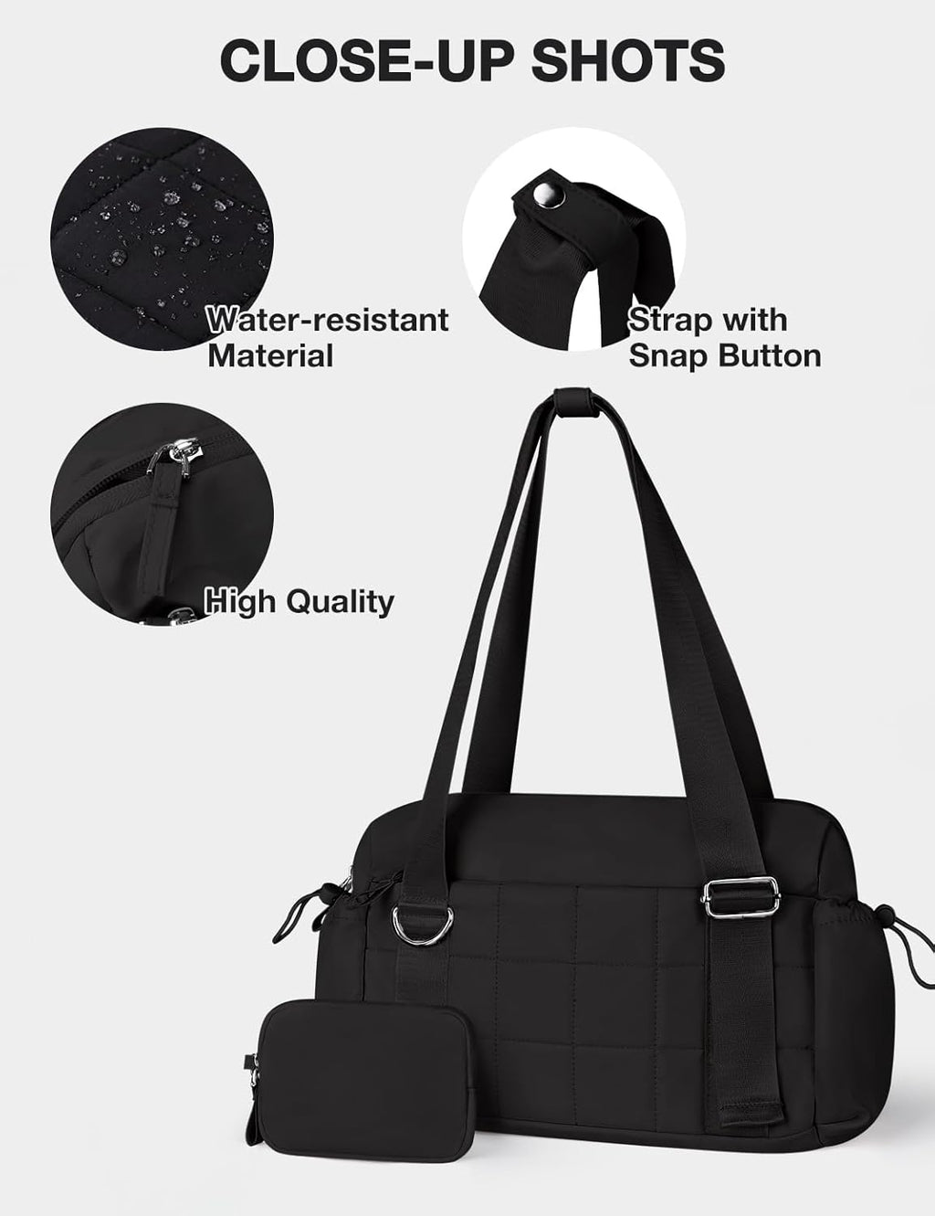 VUUDH Mini Gym Bag for Women Puffy Bag, Small Gym Bag with Coin Wallet, Lightweight Gym Tote Bag for Fitness, Work, Travel, Daily Commute,Black