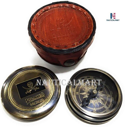Brass Compass Pirates of Caribbean Jack Sparrow Pocket Antique Gift Free Embossed Leather Case Personalized Compass Engraved, Gift for Baptism, Confirmation, Graduation, Anniversary