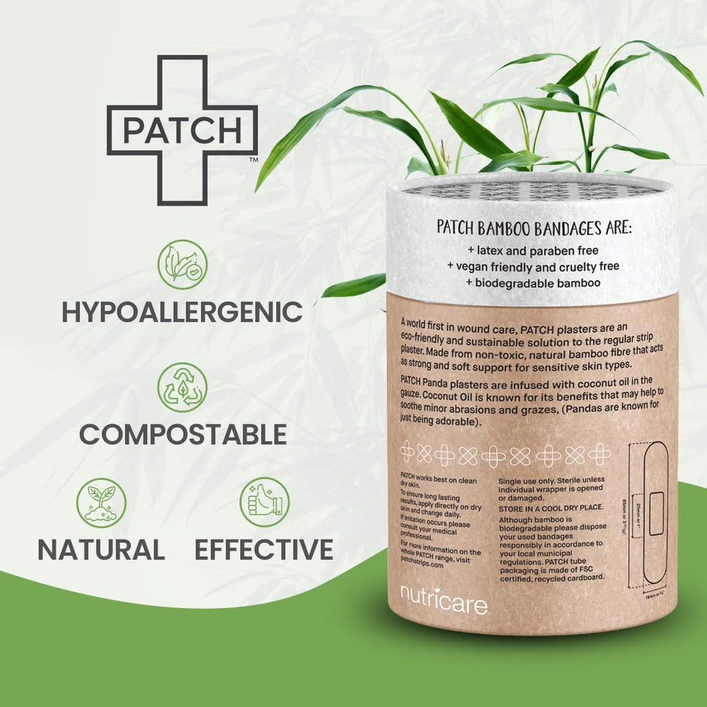 PATCH 100 Pieces, Coconut Oil, Value Pack, Kids Panda Eco-Friendly Bamboo Adhesive Bandages for Scratches & Grazes, Hypoallergenic Wound Care for Sensitive Skin, Biodegradable, Latex & Plastic Free