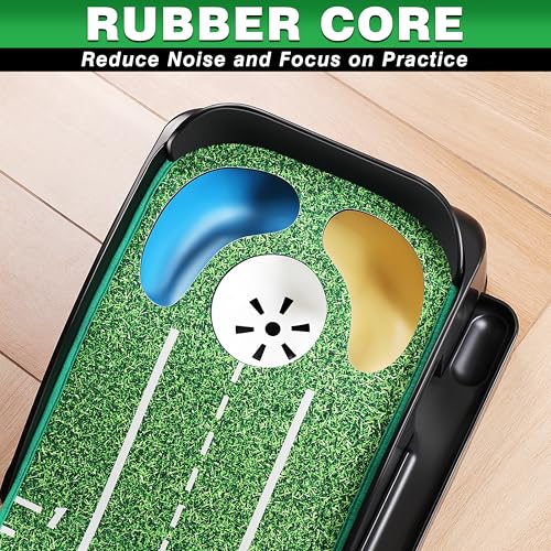 CHAMPKEY Green Golf Putting Mat with Bunker & Water Hazards, Mirror & Gates - Progressive Slope & Noise Reduction Tech
