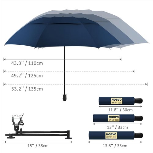HOBVO Golf Umbrella - UPF 50+ Protection with Adjustable Clamp | Portable for Beach, Golf Cart, Stroller