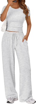 Trendy Queen 2 Piece Summer Sweatsuit Set - Women's Ruching Top & Wide Leg Pants with Pockets