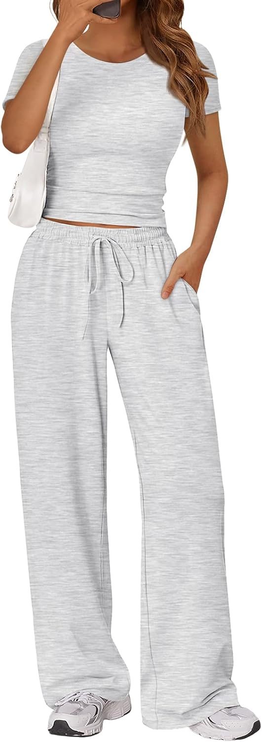 Trendy Queen 2 Piece Summer Sweatsuit Set - Women's Ruching Top & Wide Leg Pants with Pockets
