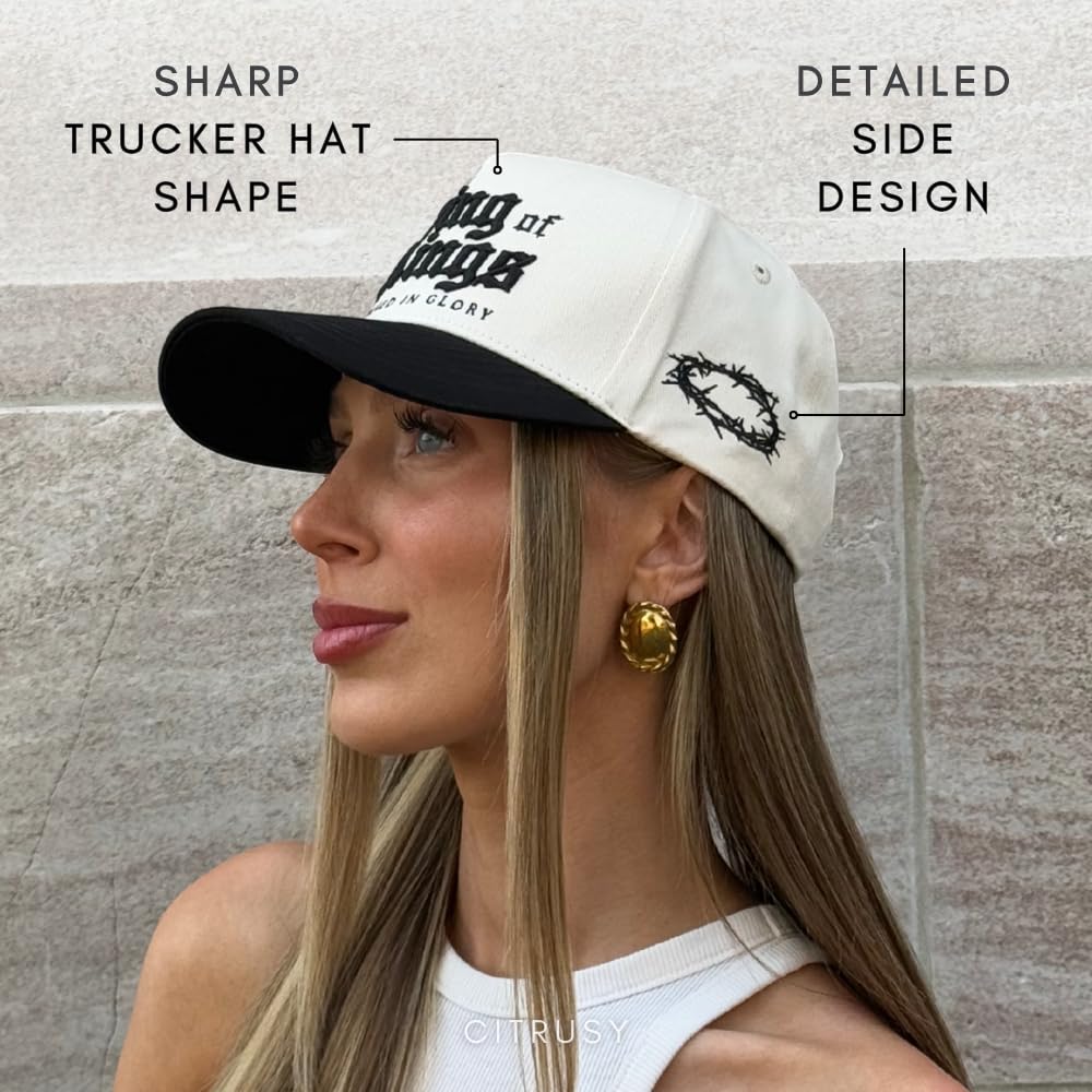 Vintage Faith & Forever Trucker Hat | Men & Women | Christian Cross Jesus Hats | Bachelorette Bride Hat | Cotton | Snapback (Cotton, King of Kings | Black)