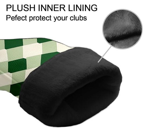 Golf Club Covers Geometric Green White Checkered Driver Headcover, Leather Golf Club Head Covers for Driver Fairway Woods Waterproof Golf Headcovers with Anti-Scratch Lining for Men Women