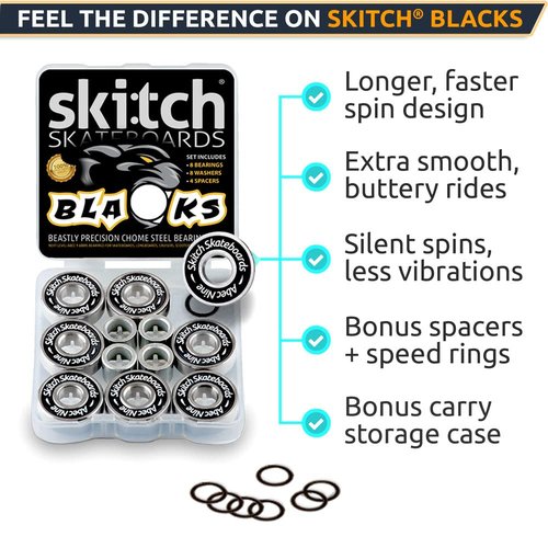 SKITCH Precision Fast Spin Bearings Set | 8 Pack 608 2RS ABEC 9 Chrome Steel Deep Groove Ball Bearing Set for Skateboards, Longboards, Inline Skates, Scooters | + Washers + Spacers | 8mm x 22mm x 7mm