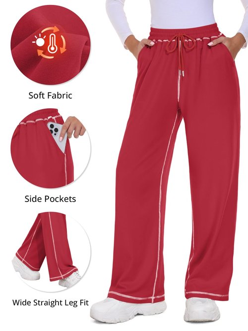 Feiersi Women's Wide Leg Sweatpants Soft Trendy Drawstring Baggy High Waisted Casual Trousers Jogger Sweat Pants(Red,Large)