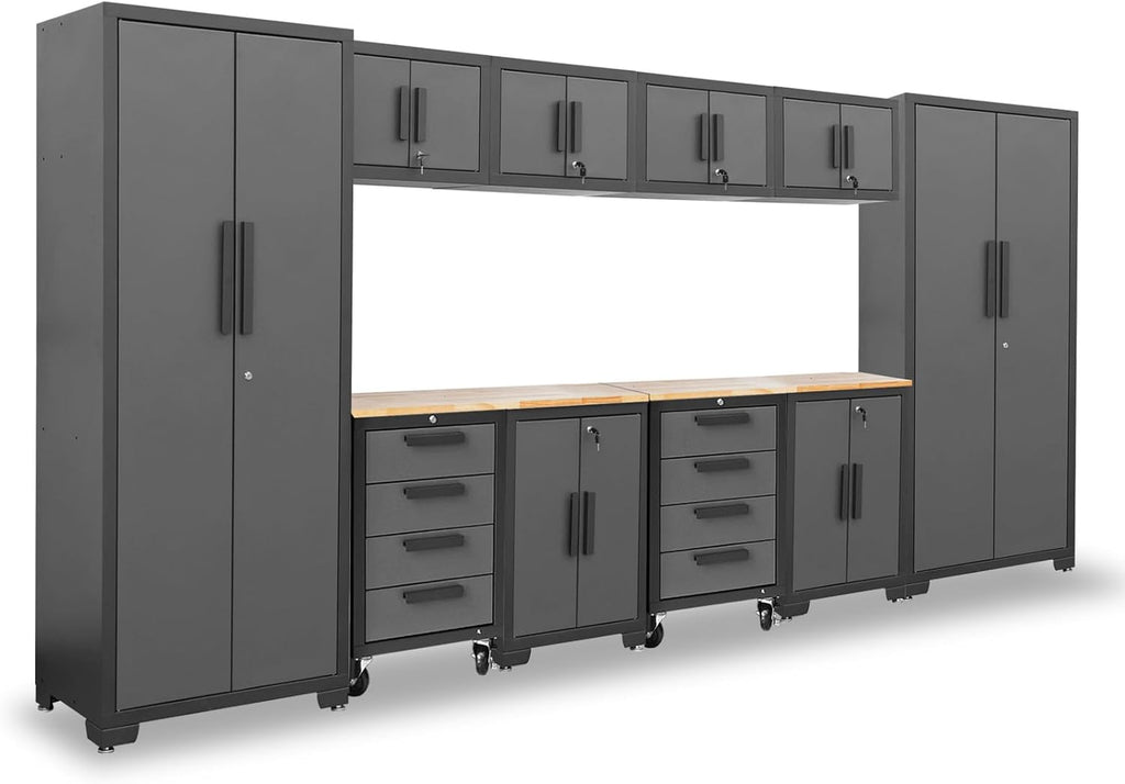 Torin Garage Storage Cabinet Set - 12 Piece Tool Organizer with Lockers, Shelves & Workbench | Black/Grey