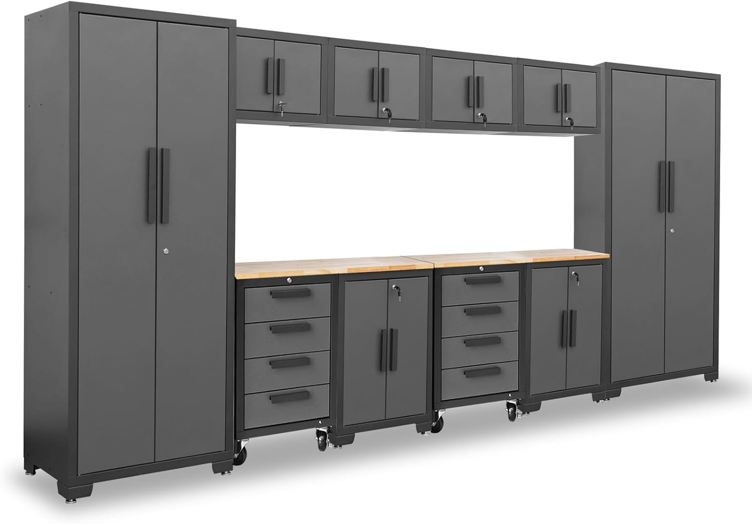Torin Garage Storage Cabinet Set - 12 Piece Tool Organizer with Lockers, Shelves & Workbench | Black/Grey