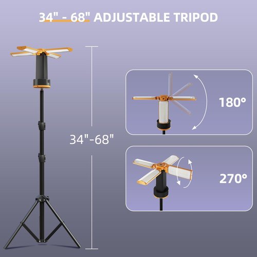 T-SUN Rechargeable Camping Light with Stand, 10400mAh LED Work Light 4100 Lumens with 4 LED Lamp Heads, Portable Work Light with Detachable Tripod 67" Max Height (Orange)