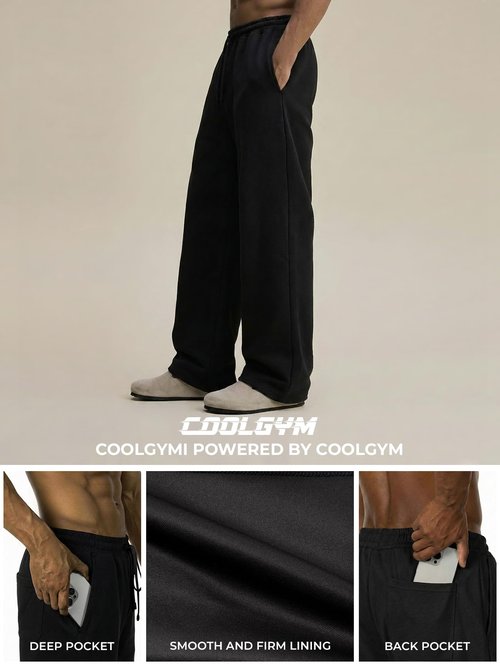 COOLGYM Mens Baggy Sweatpants Wide Leg Deep Pockets Open Bottom Flare Sweat Pants Elastic Drawstring Air Layer No Wrinkle Black